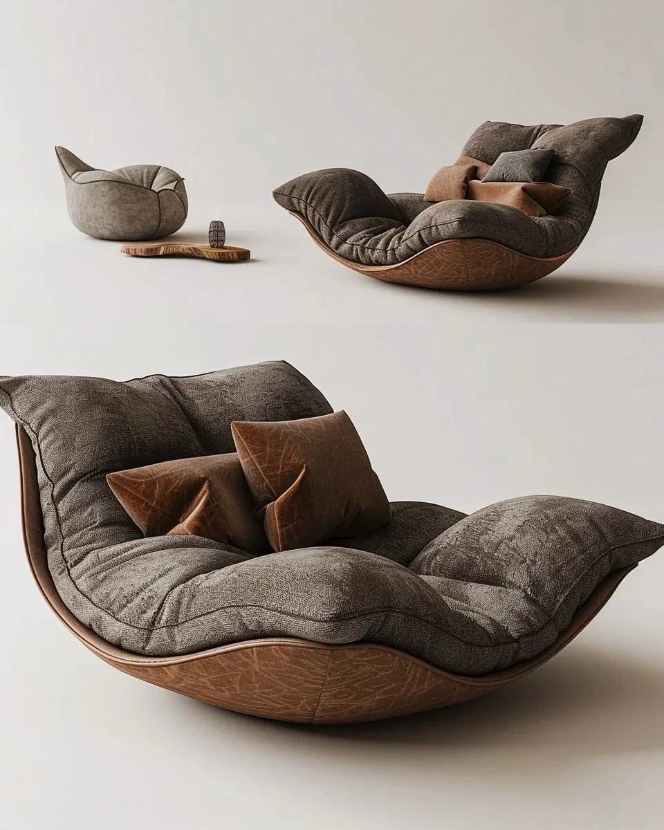 Sculptural rocking lounge chair with cushions
