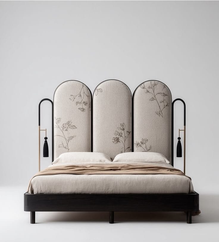 Arched three-panel bed headboard with floral embroidery and black iron frame