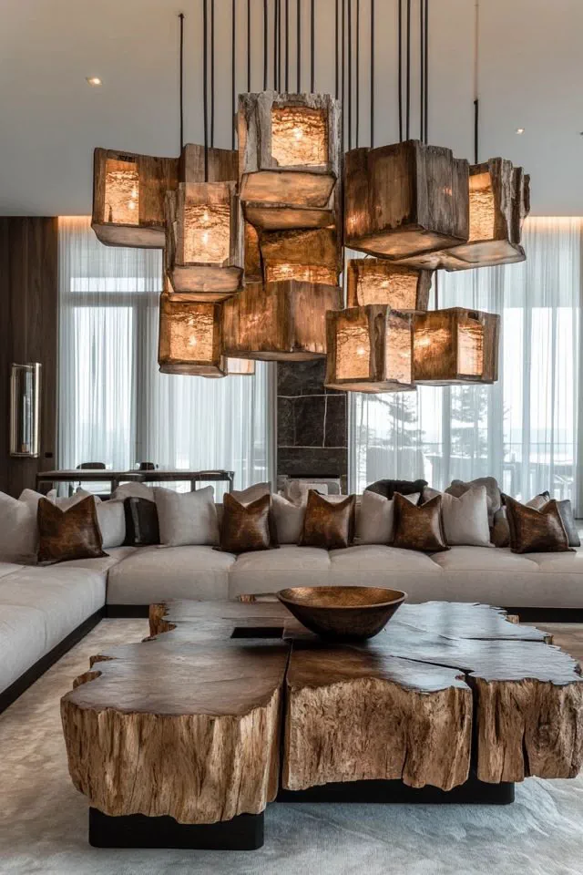 Live-edge sculptural wood coffee table in front of a beige sofa
