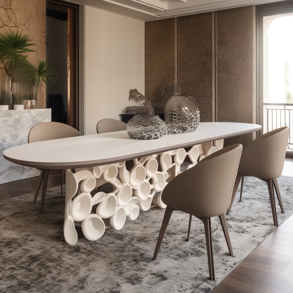 Oval dining table with sculptural pebble-form base and beige chairs