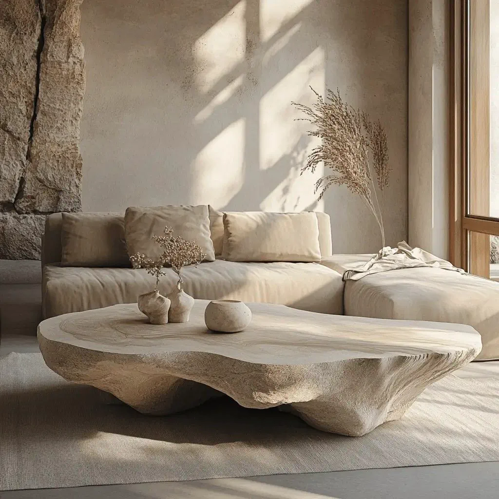Organic stone coffee table with cream sofa