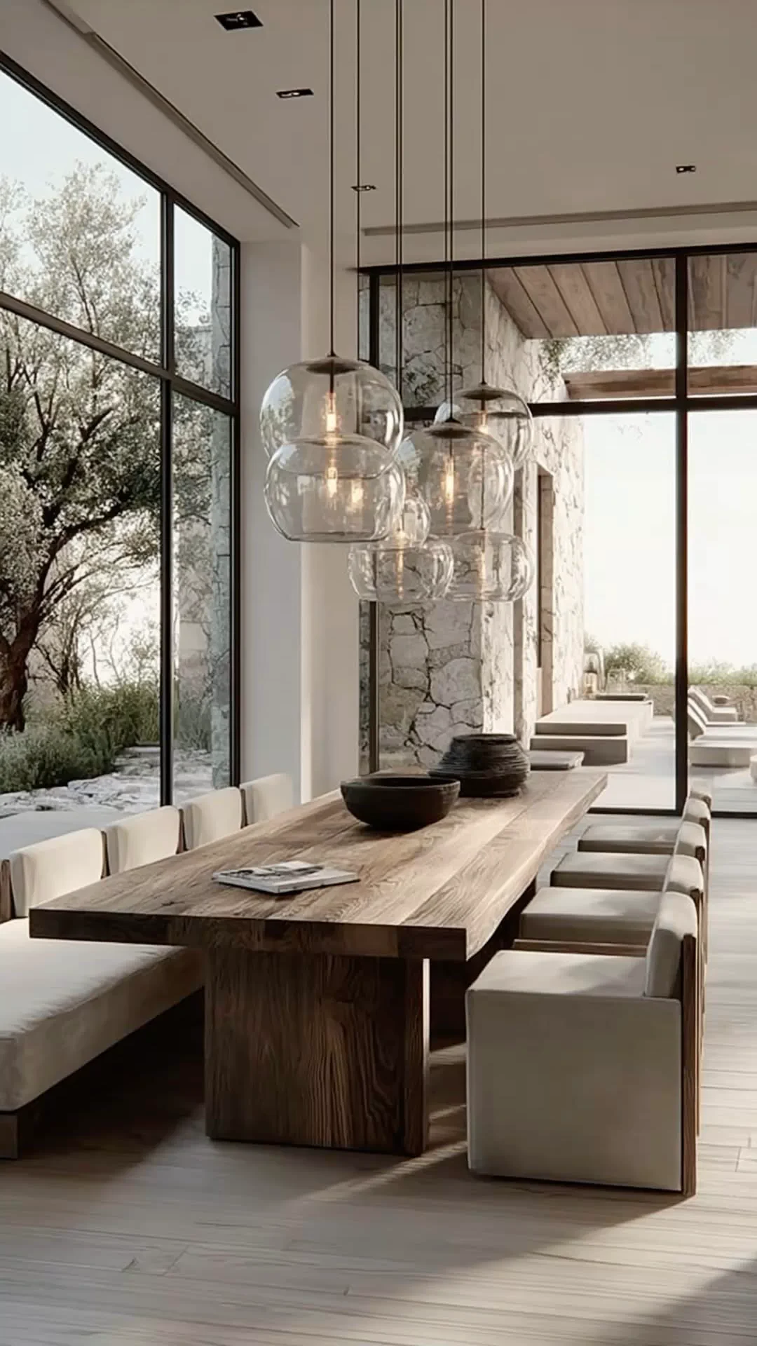 Live-edge wood dining table with cane-back chairs