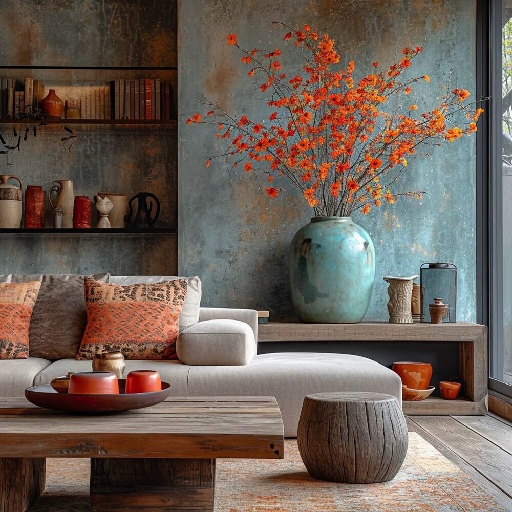 Living room with teal wall and terracotta accents