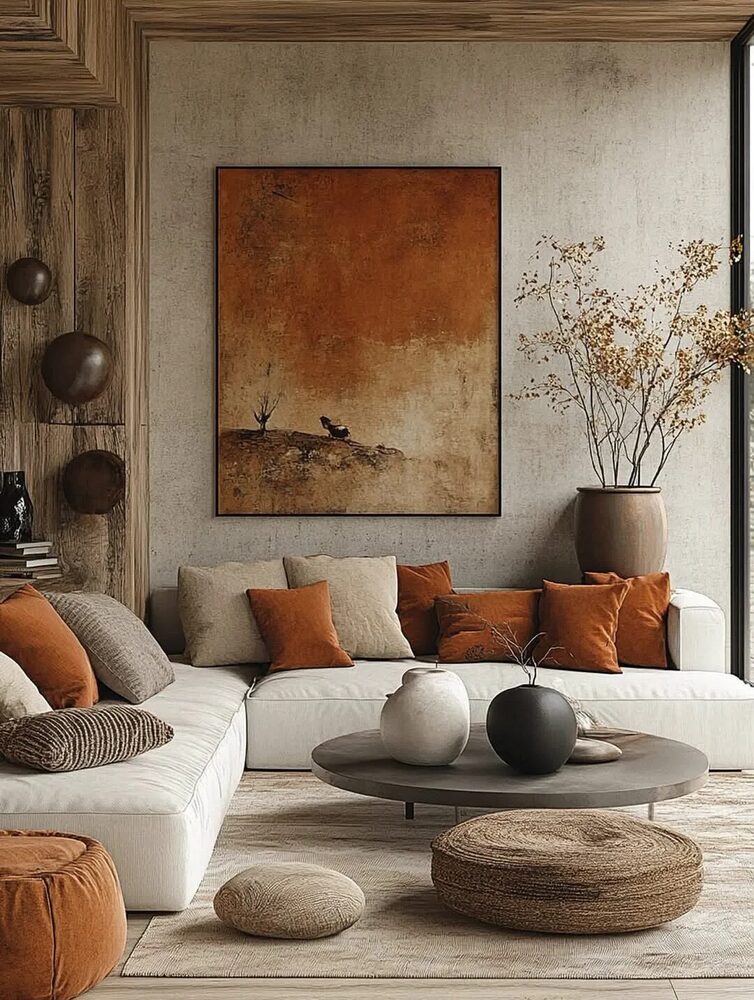 Moody living room with wood floor and low sofa